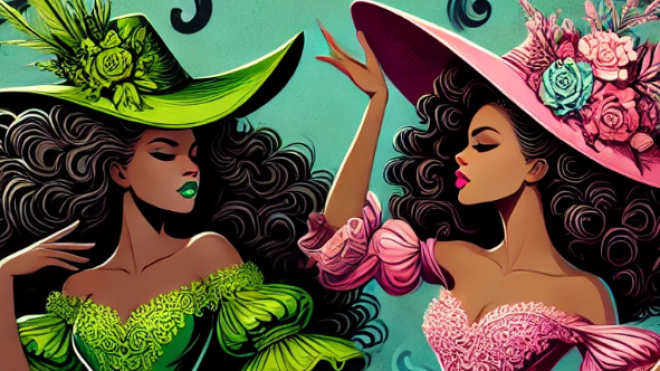 Two elegant black women depicted in a whimsical, fantasy-inspired style similar to a theatrical Broadway poster. One woman is wearing a vibrant green