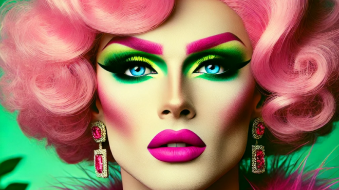 Drag queen with pink curls, green eyeshadow, and pink lipstick against a green background.