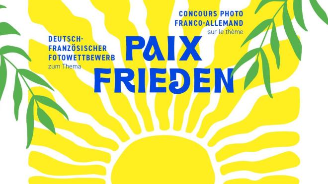 The picture shows this year's title ‘Peace’ of the German-French photo competition. This is backed with an illustration of a sun and green branches with leaves.