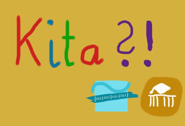 The word Kita is written in coloured pencil with a question and exclamation mark.