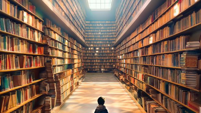 Small person is standing in the enourmous library.